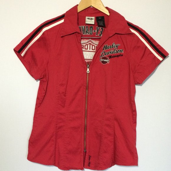Harley Davidson Womens Blouse Top Medium Red Embroidery Zip Closure Cap Sleeve - Picture 2 of 8